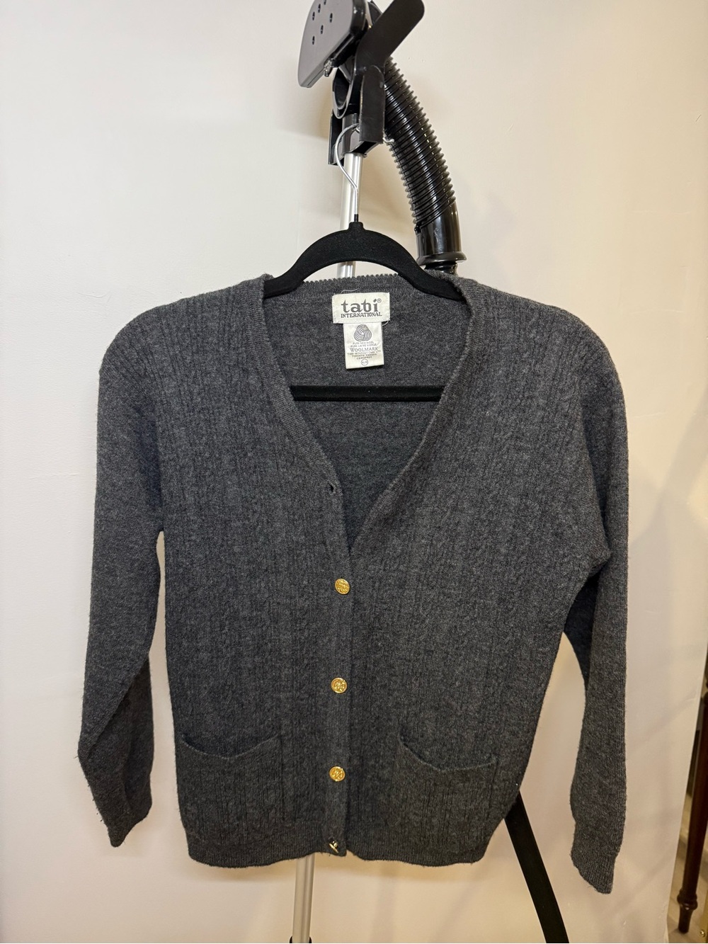 Wool Charcoal Gray V-Neck Button Cardigan Sweater